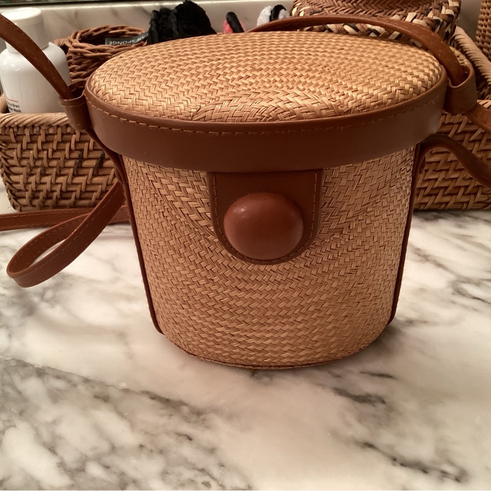 Brown Rattan Woven Bucket Bag